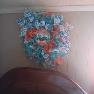 Wreath seashell theme wall wreath coral, turquoise and white Full size